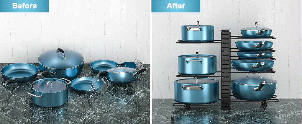 Cookware storage shown before and after using adjustable organizer racks
