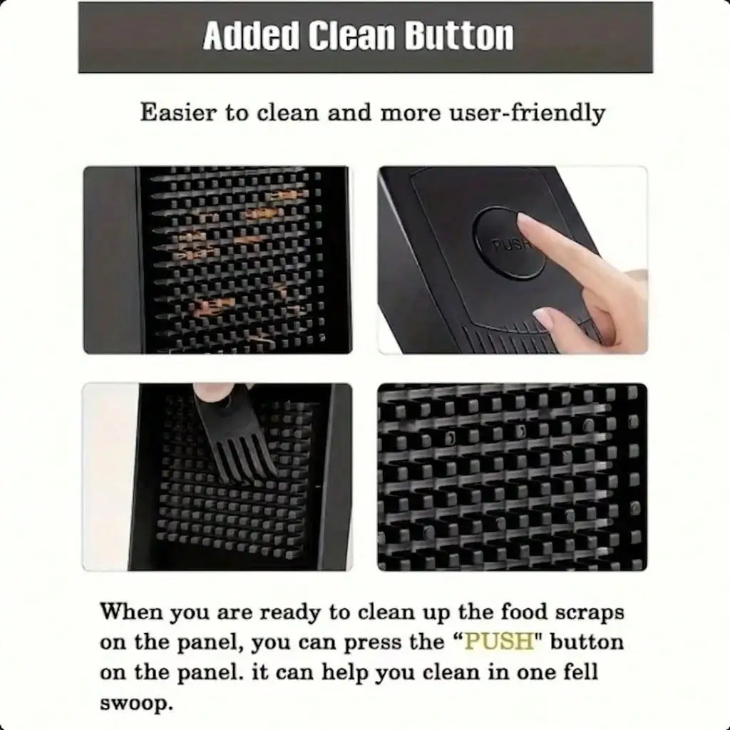 Close-up of push-button cleaning feature on black chopper press grid