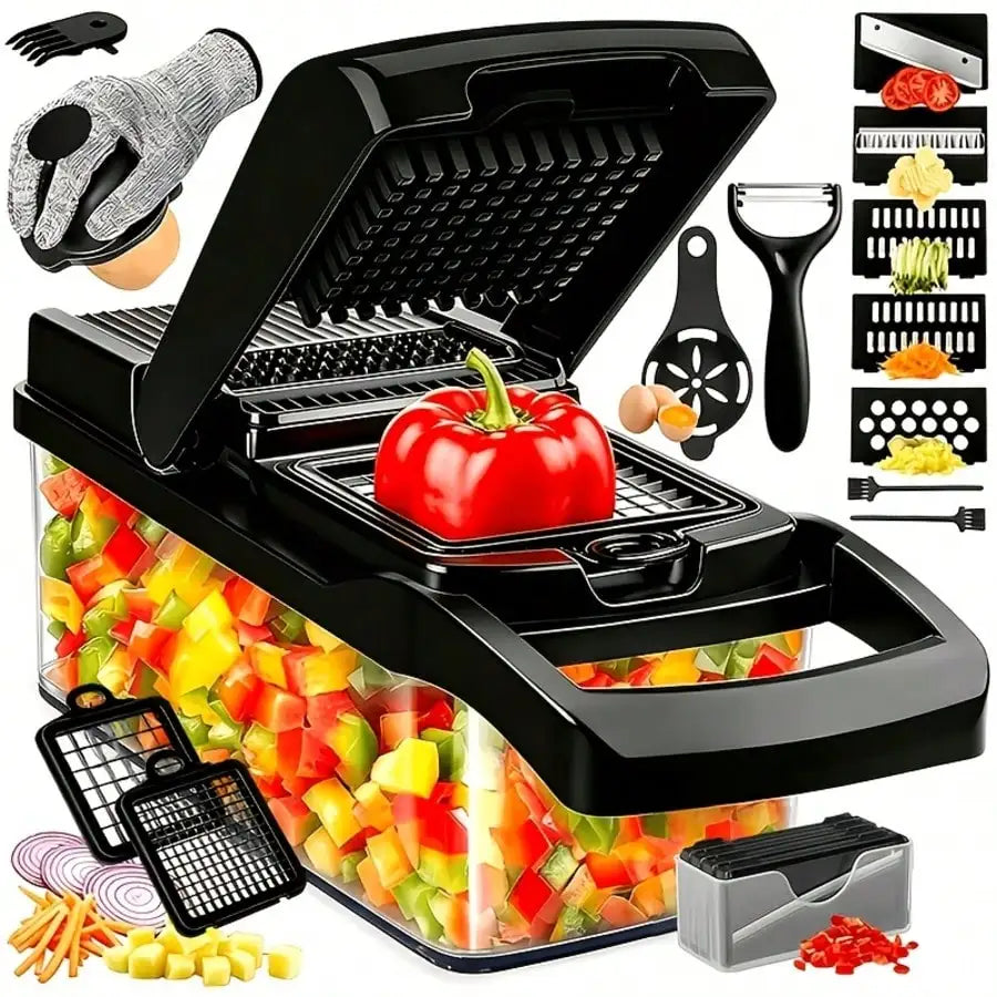 Open black vegetable chopper with tomato, collection container and accessories