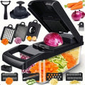 Black manual vegetable chopper with container, cutting inserts and accessories