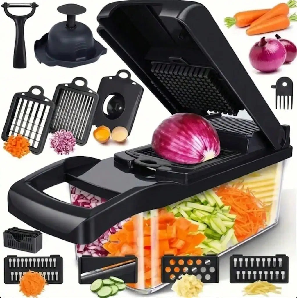 Black chopper set with container, onion, peeler and interchangeable inserts