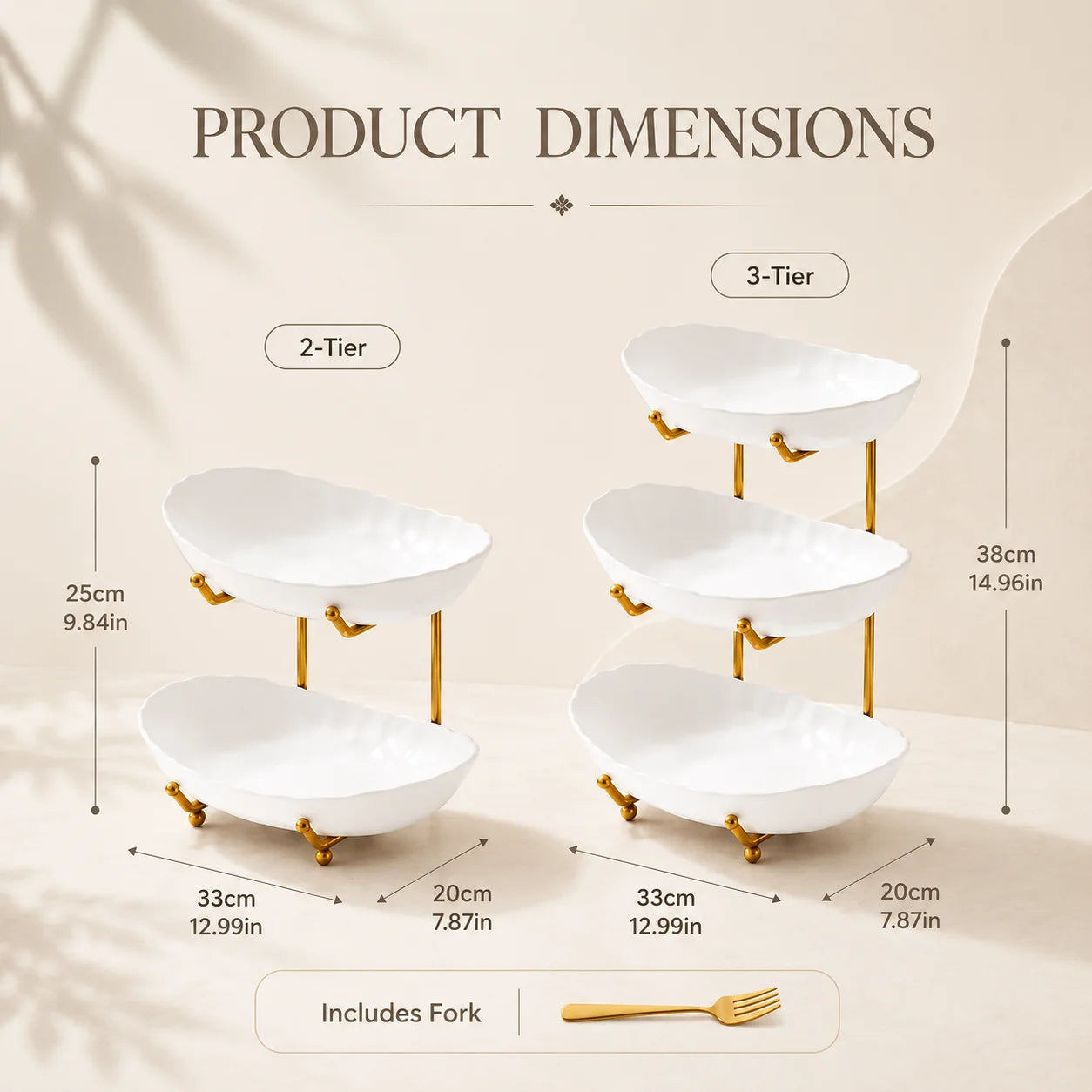 Product size graphic showing two-tier and three-tier white organizer configurations