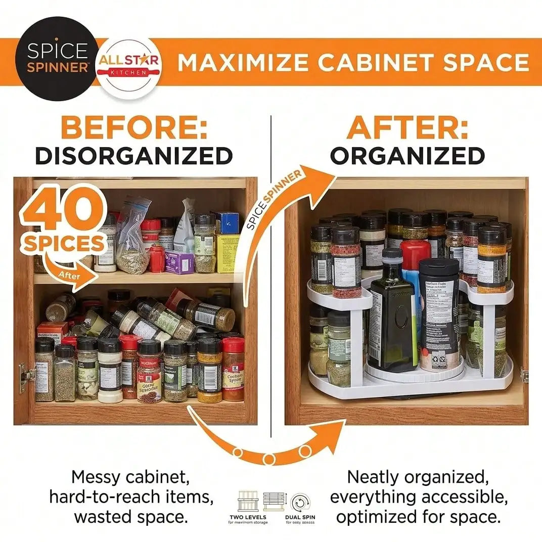 Before-and-after cabinet view showing loose spices and an organized rotating rack