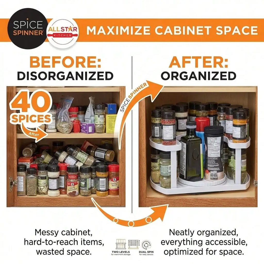 Cabinet organization comparison with spice bottles before and after using the rack