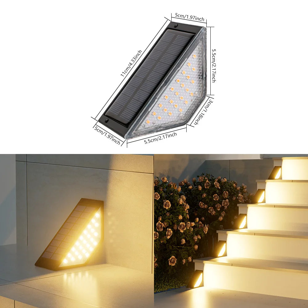 Specification graphic showing a wedge-shaped light with dimension labels, a warm-colored light close-up, and warm-lit stairs.