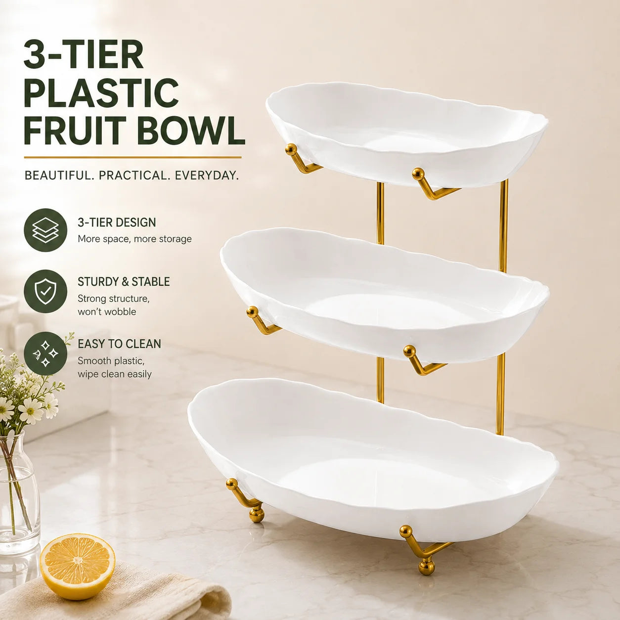 White three-tier plastic fruit bowl organizer with gold-tone metal stand
