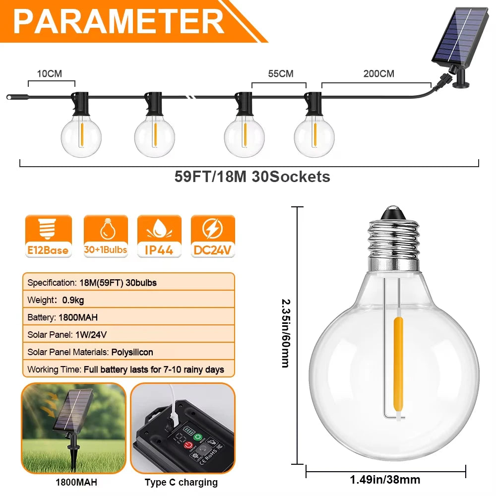 Solar G40 Outdoor String Lights with Remote Control