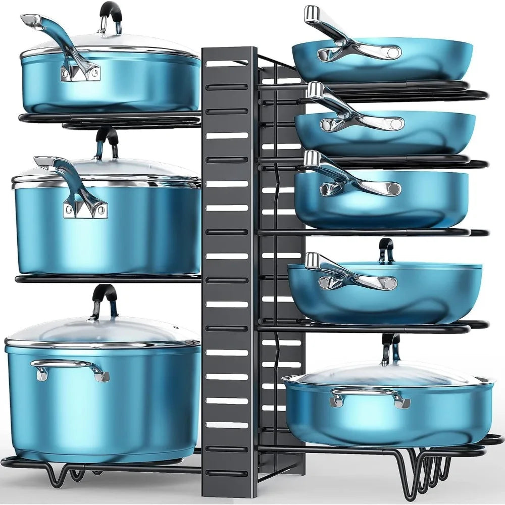 Black eight-tier pot and pan organizer holding blue cookware on both sides