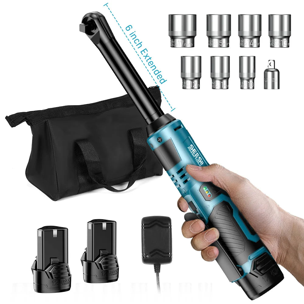SeeSii 12V 3/8" Cordless Ratchet Wrench – 6" Extended Reach