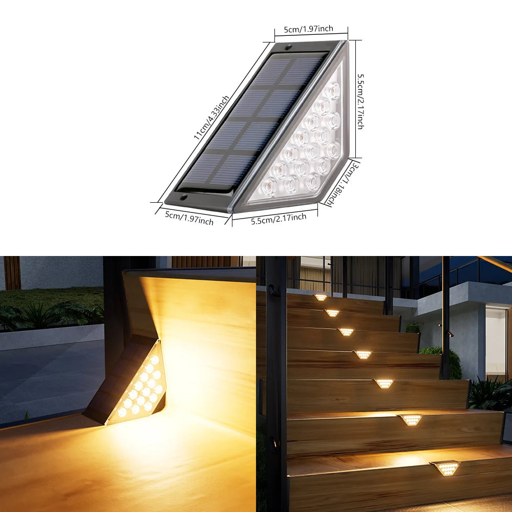 Specification graphic showing a wedge-shaped light with dimension labels, a warm-colored light close-up, and warm-lit stairs.
