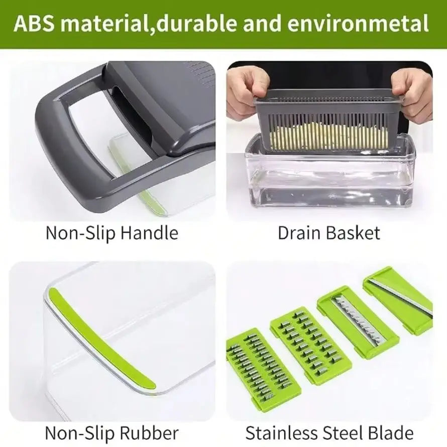 Gray-green kitchen preparation set highlighting the drain basket and interchangeable blades