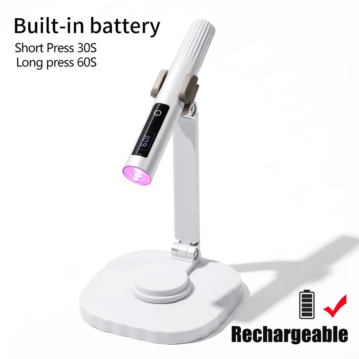 White rechargeable nail lamp on stand with timer instructions