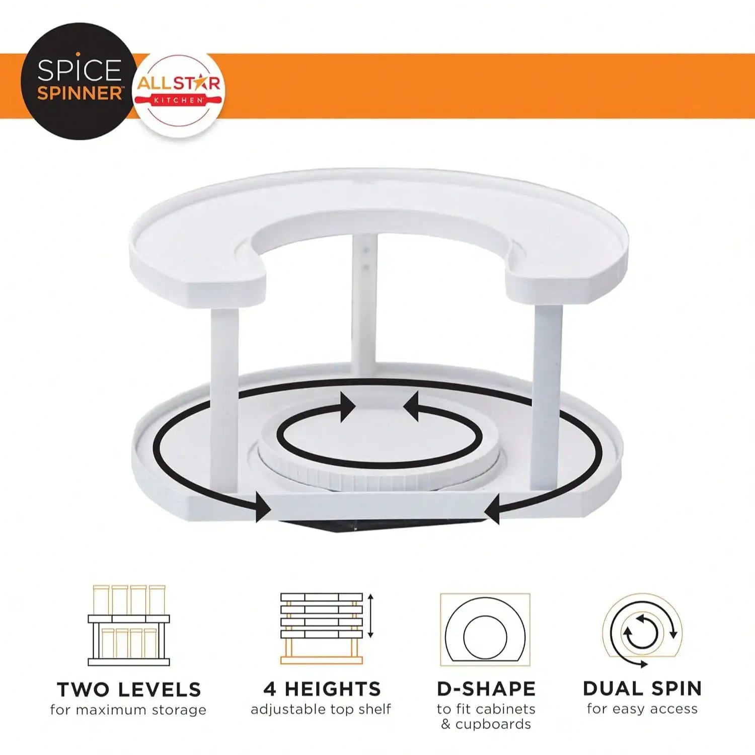 Empty two-tier organizer showing its D-shaped base and adjustable upper shelf