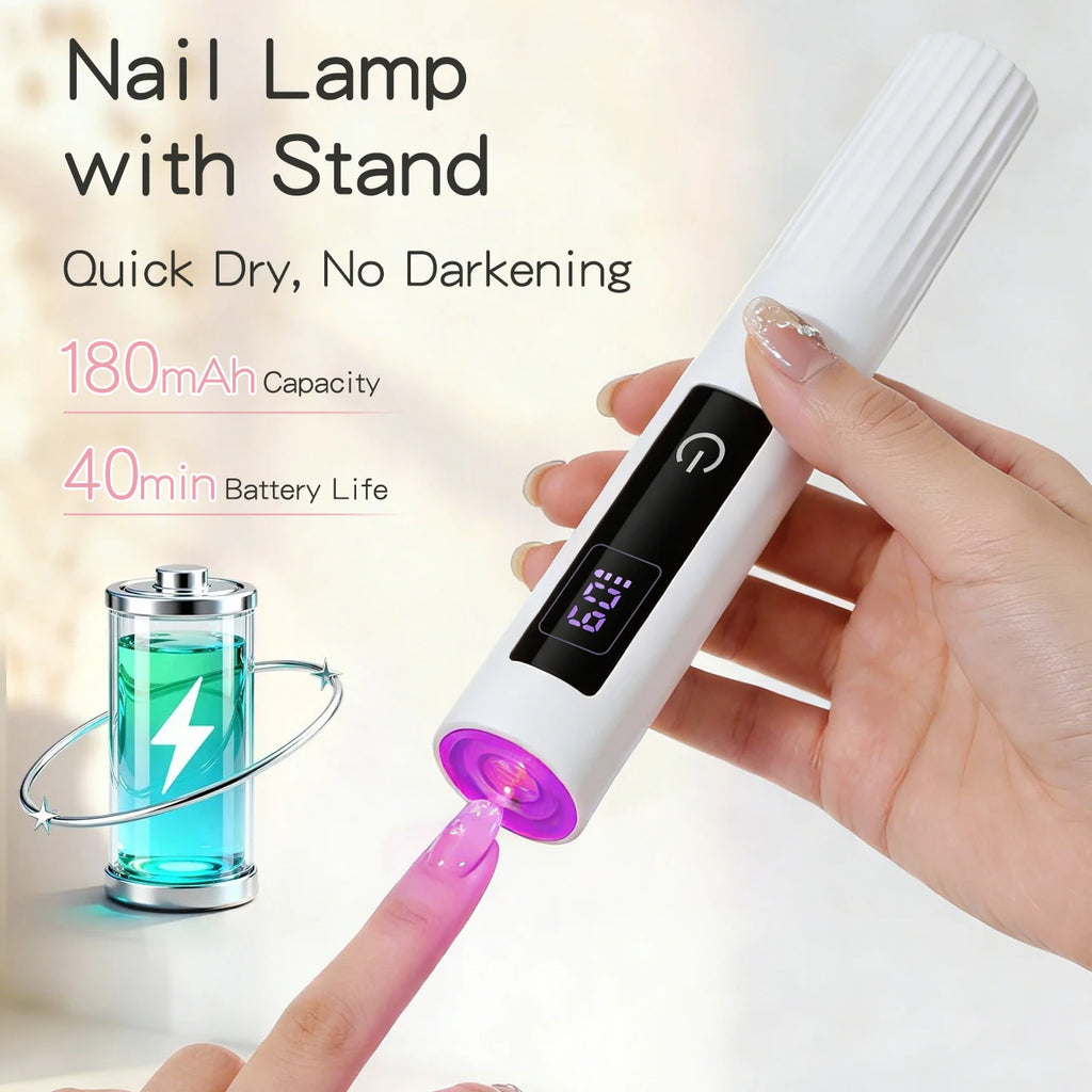 White handheld nail lamp directing focused light onto one fingernail