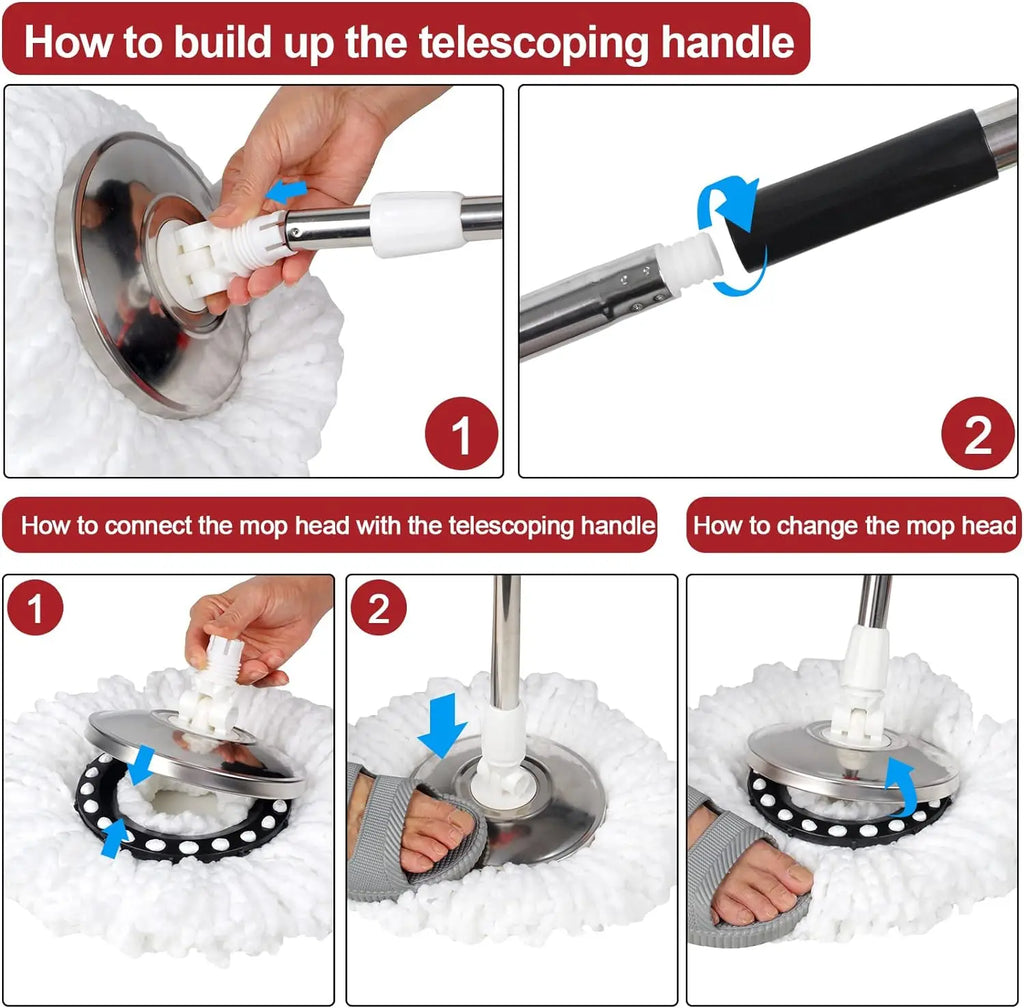 Illustrated steps for assembling the mop handle and changing the round mop head