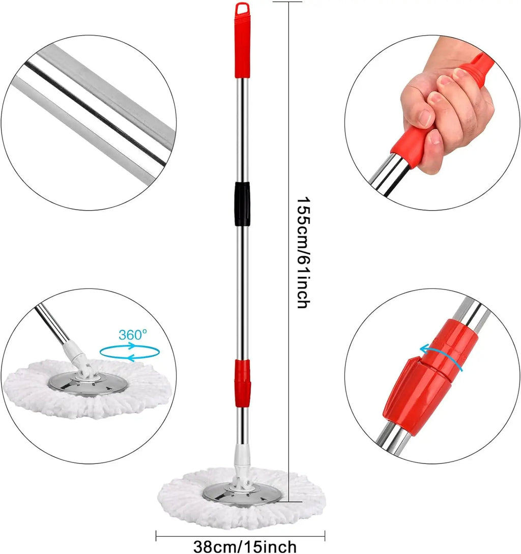 Adjustable spin mop handle and round mop head with displayed measurements