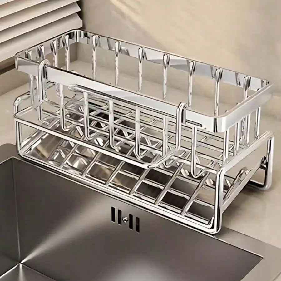 Sink organizer positioned beside a kitchen basin