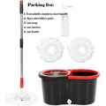 Black and red spin mop bucket with handle, dispenser bottle, and included mop heads