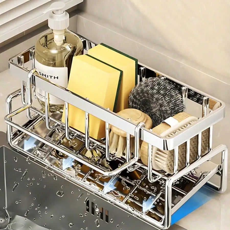Sink organizer displayed next to the washing area