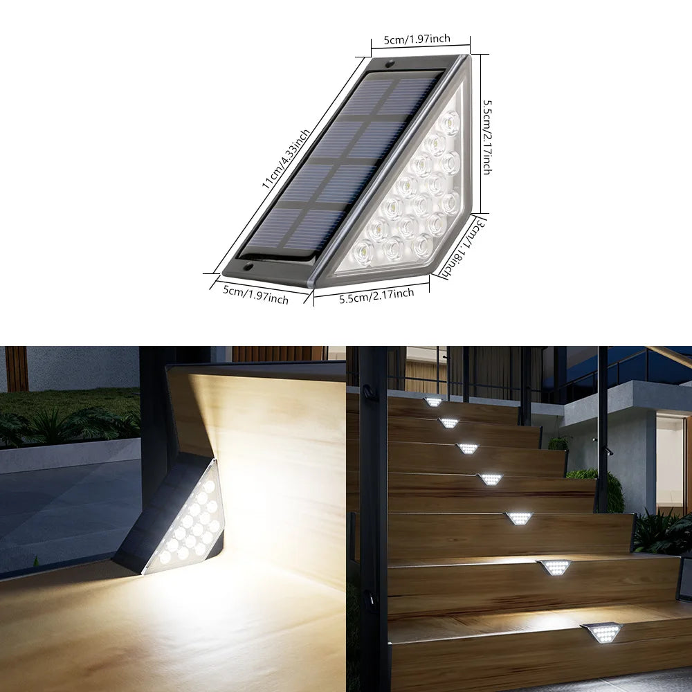 Specification graphic showing a wedge-shaped light with dimension labels, a bright white light close-up, and white-lit stairs.