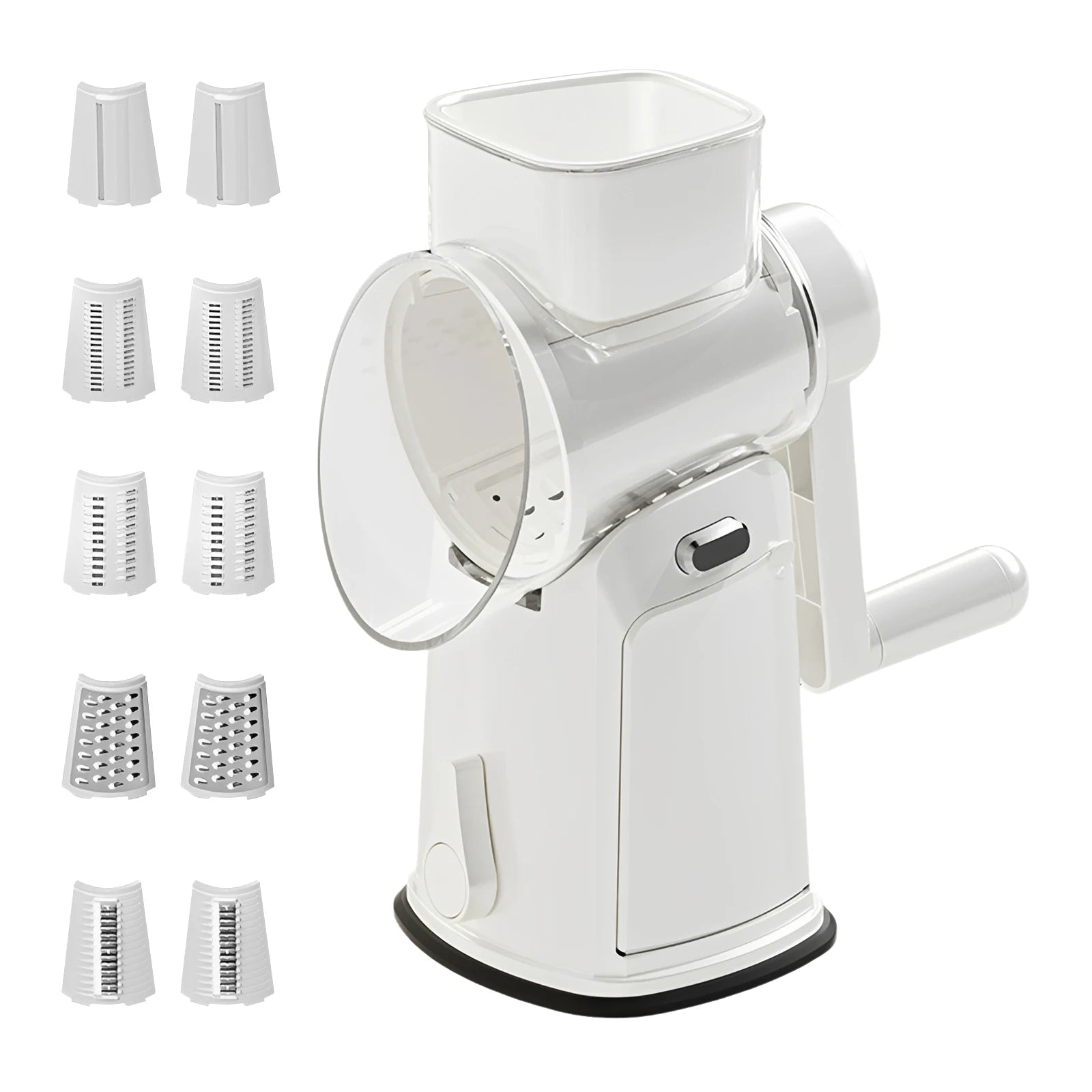White manual rotary grater shown beside its five interchangeable cutting drum styles