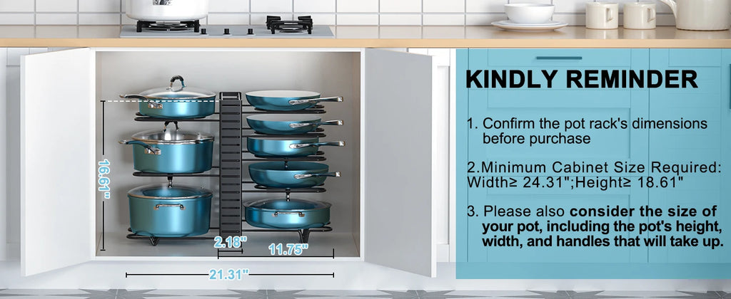 One-sided, two-sided, and horizontal cookware rack setup examples