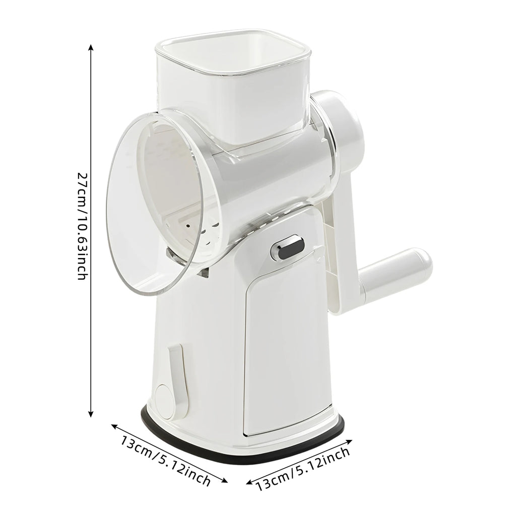 Measurement graphic for white rotary grater with 5.12-inch base and 10.63-inch height
