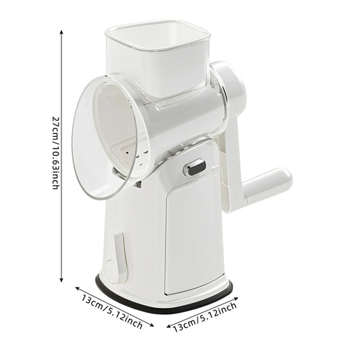 White rotary cheese grater dimension diagram showing a 13 cm base and 27 cm height