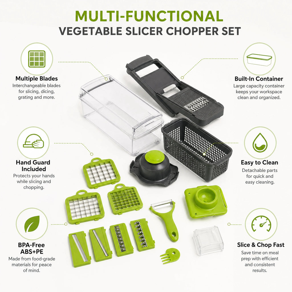 Vegetable slicer set with interchangeable inserts, container, hand guard, and peeler