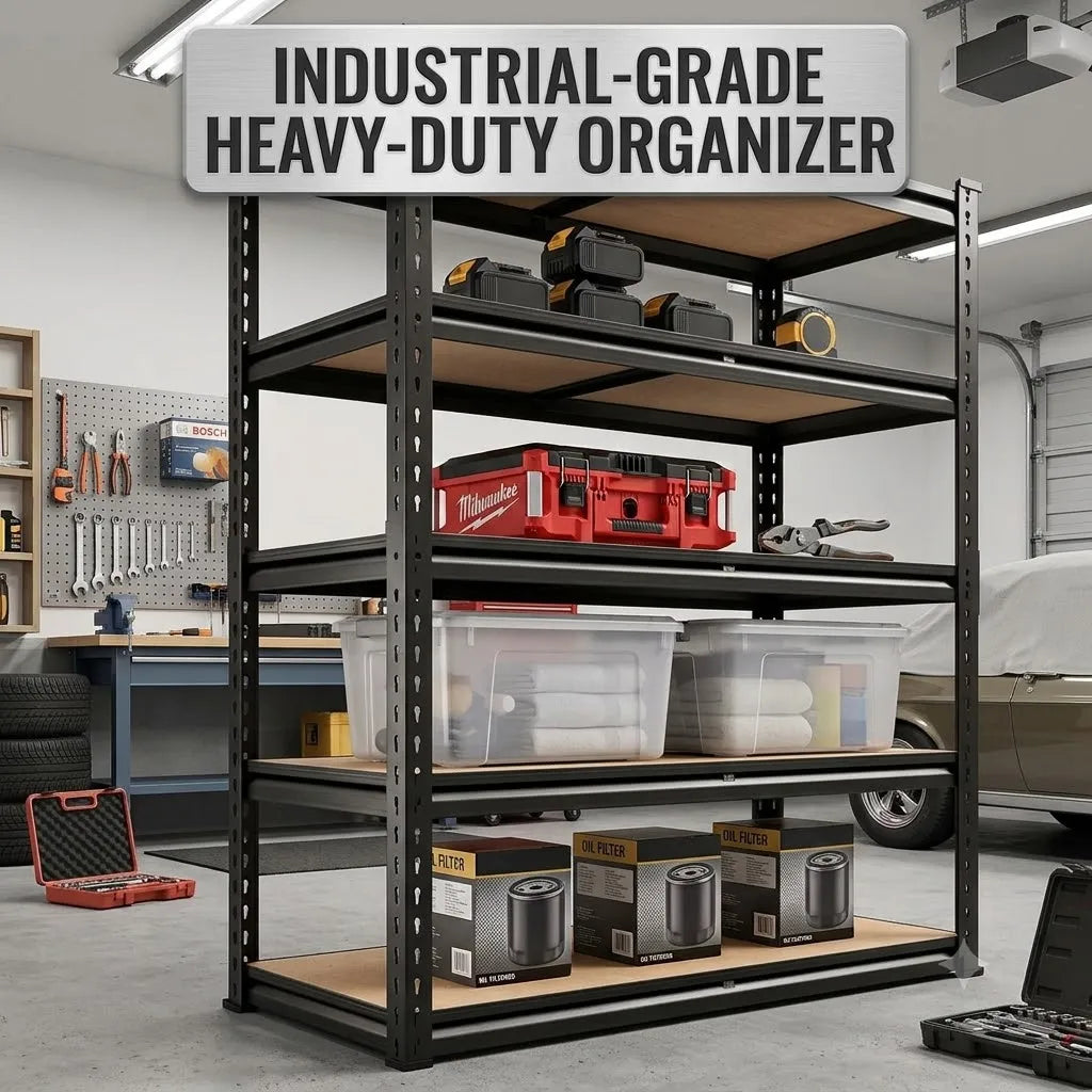 Black metal shelving unit with five flat shelf panels staged in a garage