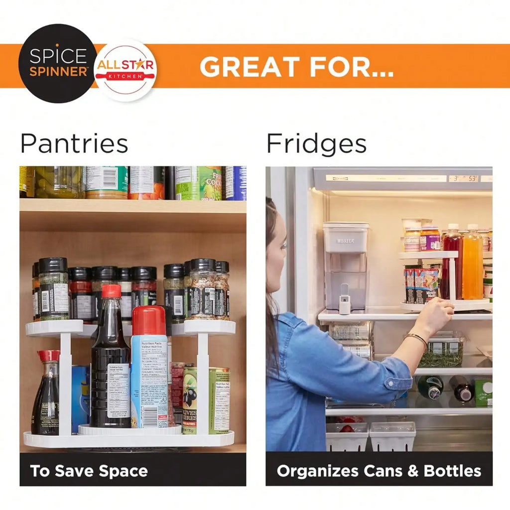 Two-tier rotating organizer shown in pantry and refrigerator storage examples