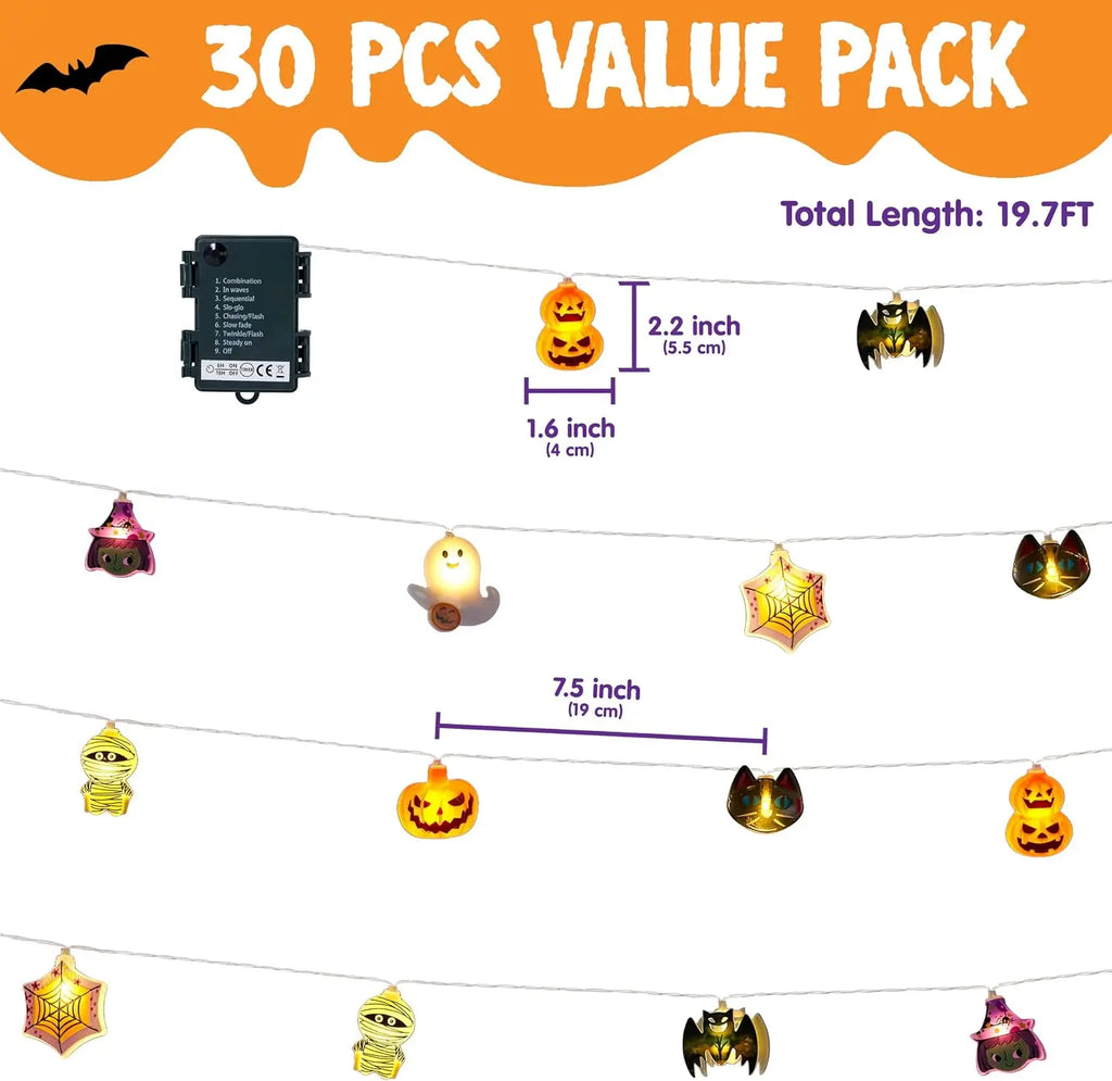 30 LED Halloween ghost and pumpkin string lights for indoor and outdoor decor