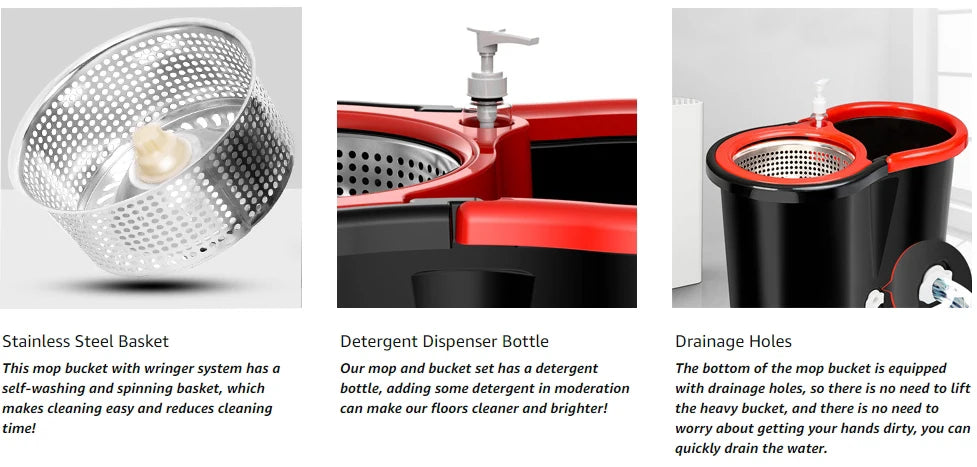 Close-up views of the metal spin basket, dispenser bottle, and bucket drain outlet