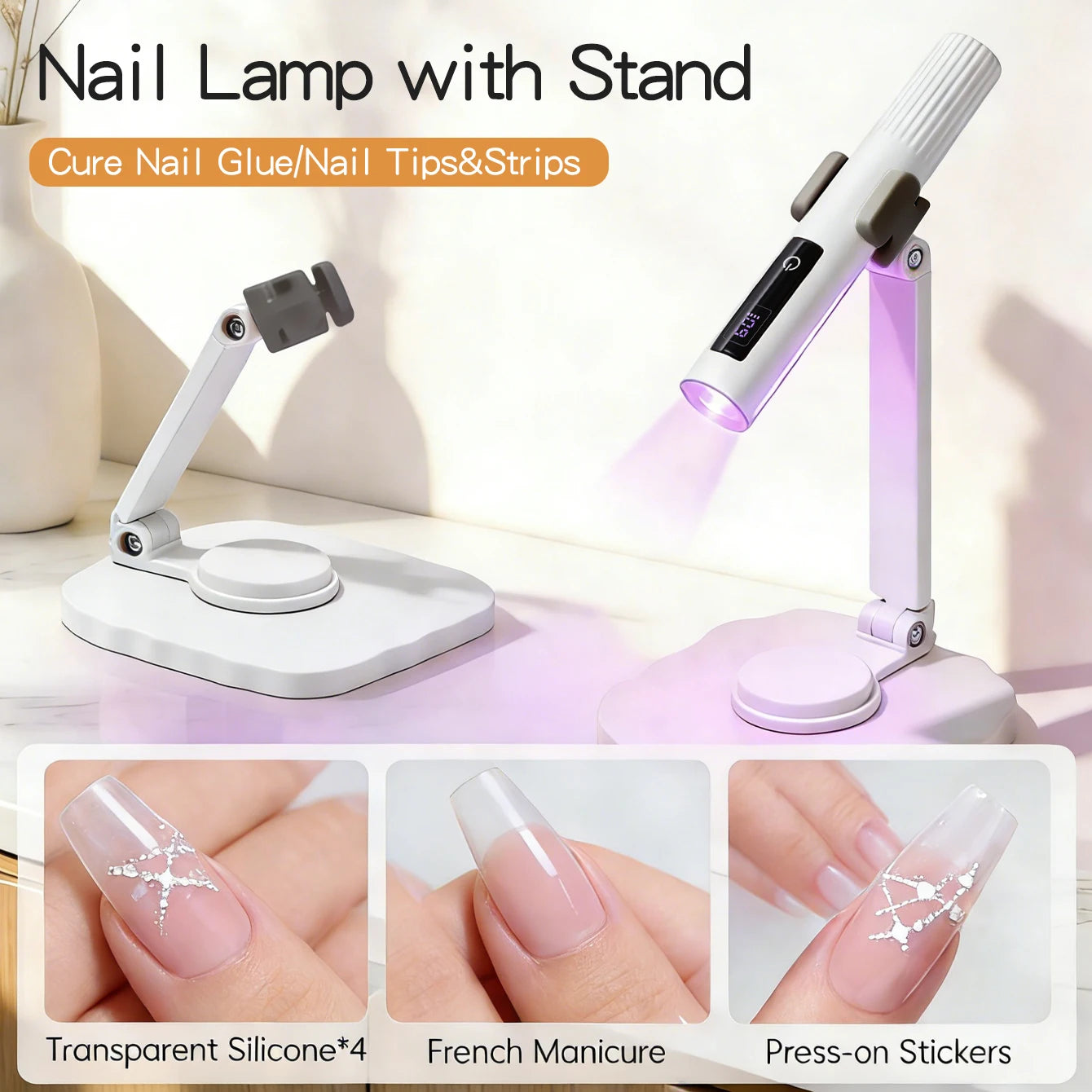 Folding nail lamp stand shown open and without the removable light