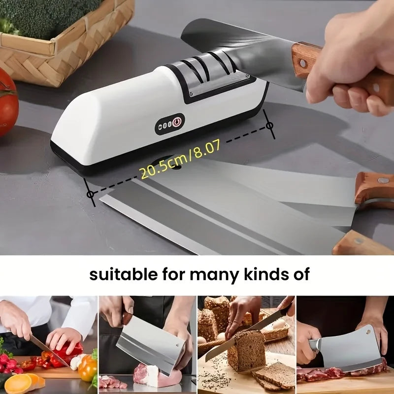 Two-stage electric sharpener positioned beside a kitchen knife