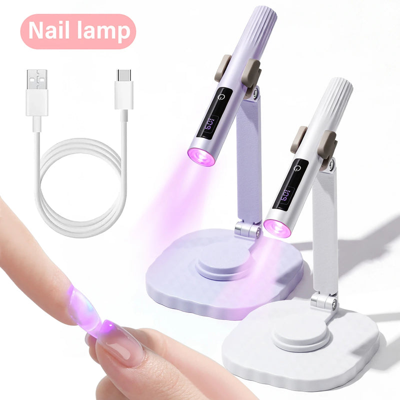 Purple and white mini nail lamps on adjustable stands with USB charging cable