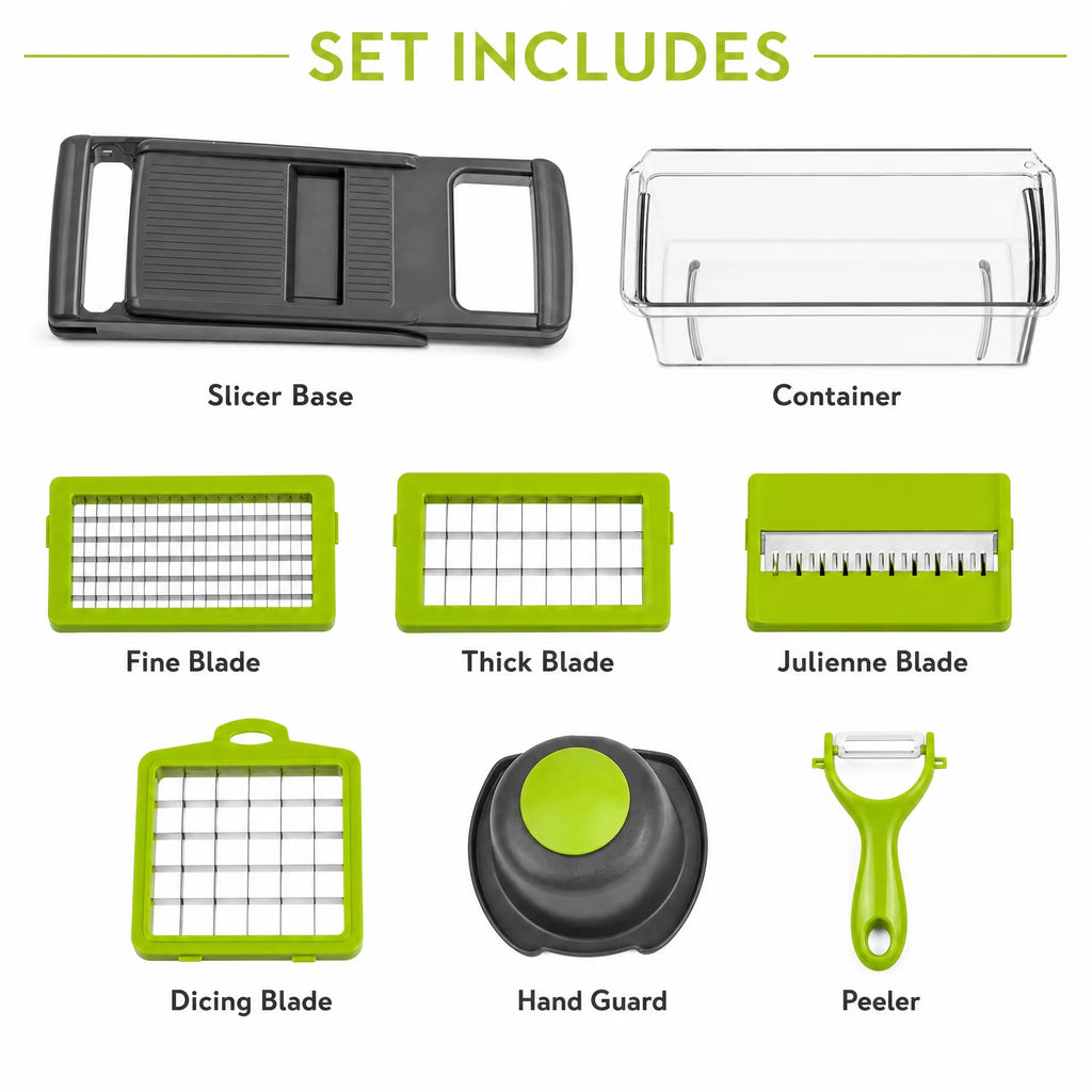 Slicer base, collection container, inserts, hand guard, and peeler shown separately