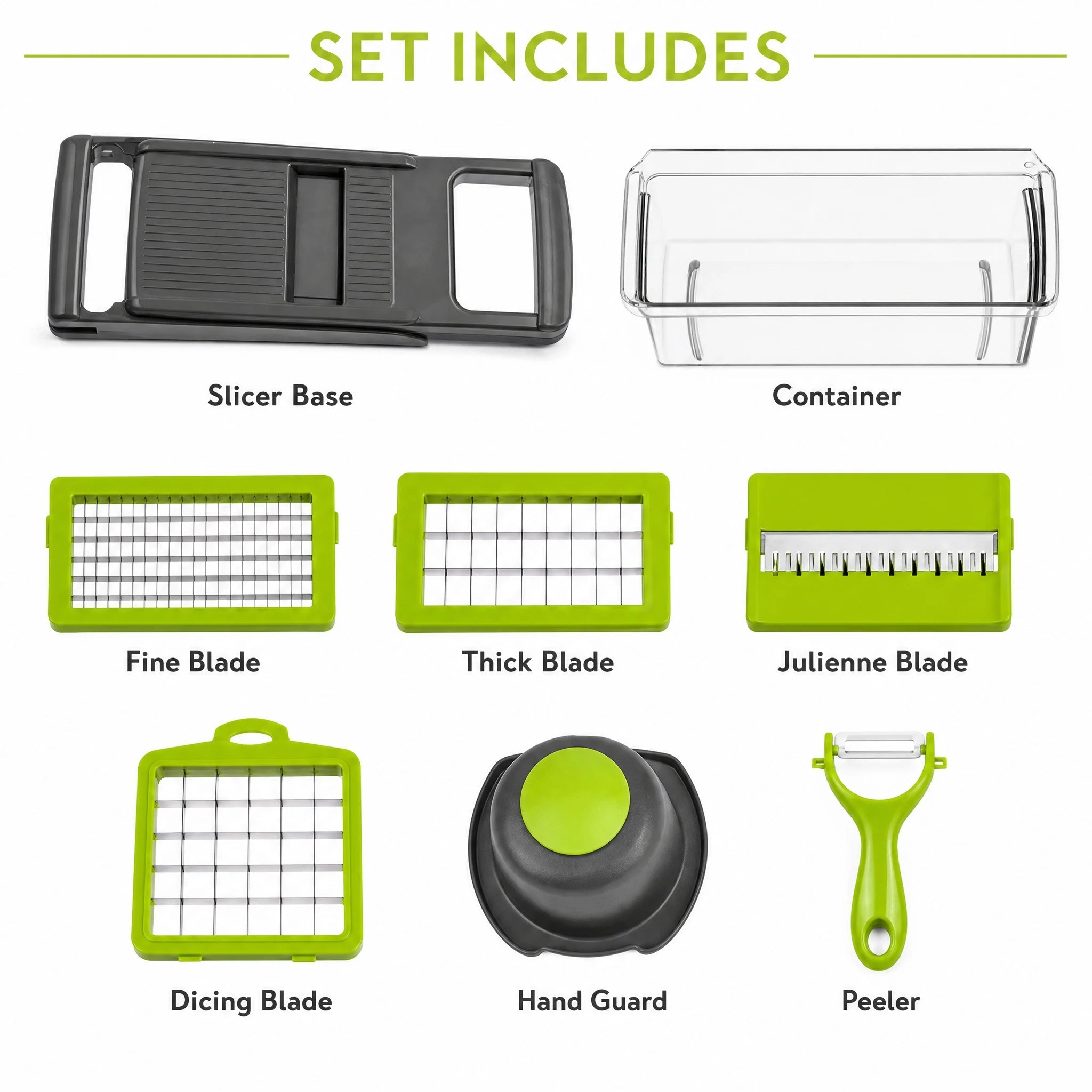 Slicer base, collection container, inserts, hand guard, and peeler shown separately