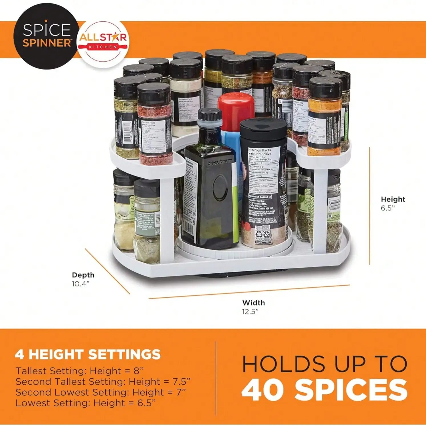 Filled white spice organizer with approximate 12.5-inch width and 10.4-inch depth