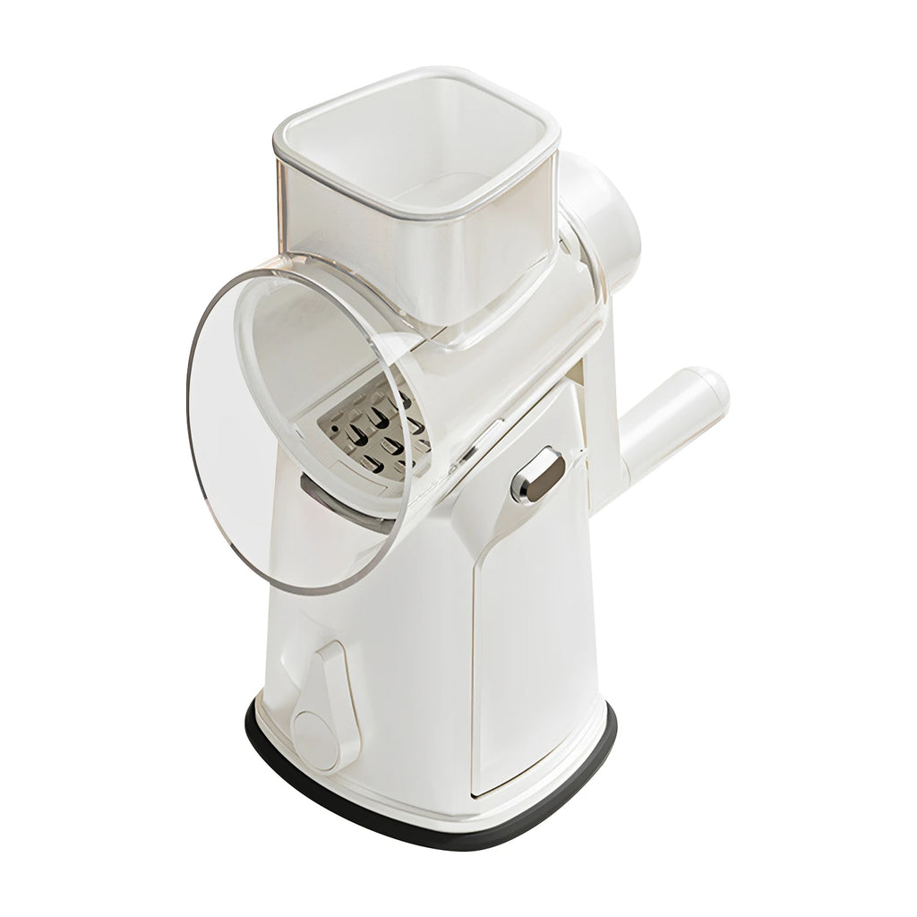 Three-quarter view of white rotary slicer with feed chute and crank handle