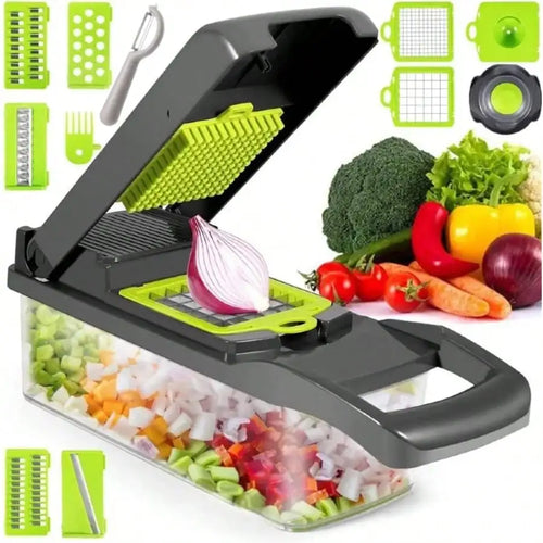 Gray and green manual vegetable chopper with container and interchangeable cutting inserts