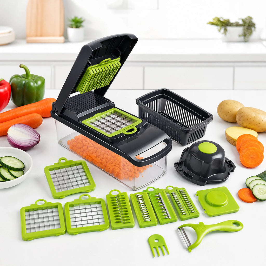Manual vegetable chopper kit arranged with its container and cutting attachments