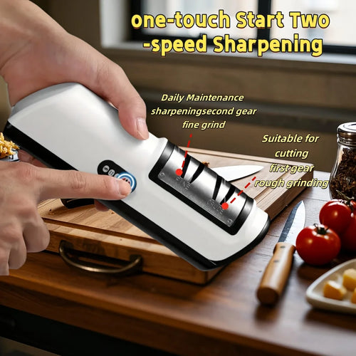 Rechargeable electric knife sharpener displayed with kitchen knives