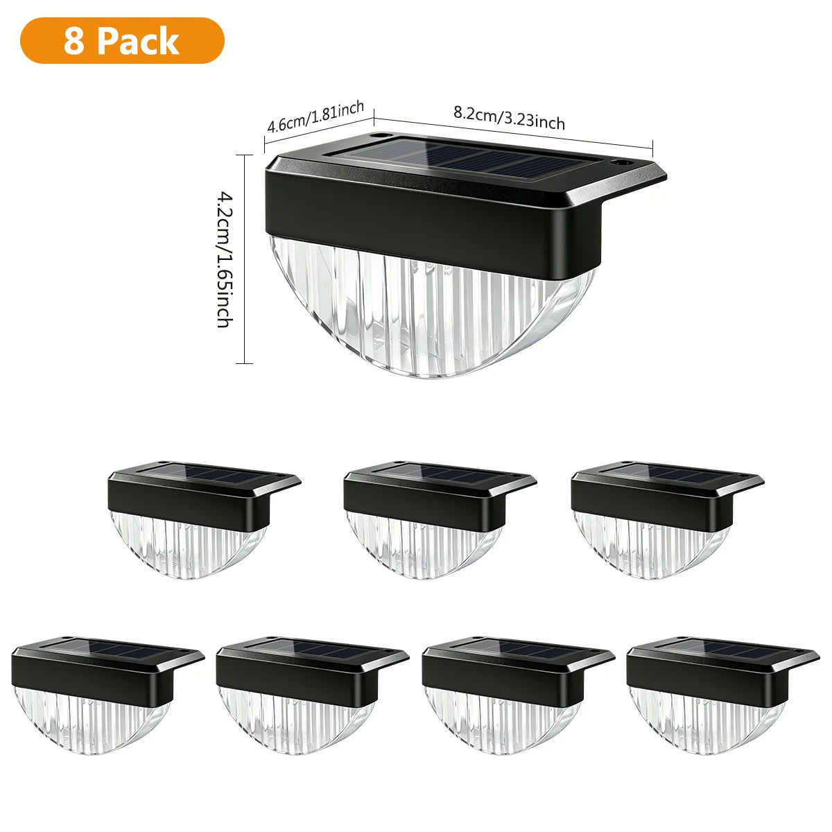 Product graphic showing one solar light with measurement labels and multiple matching units arranged below.