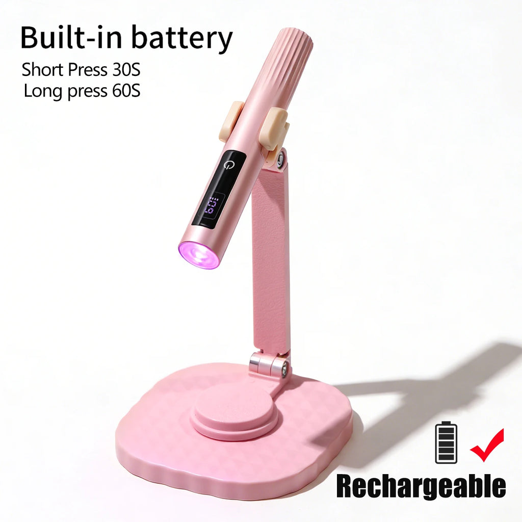 Pink rechargeable nail lamp on stand with 30- and 60-second instructions