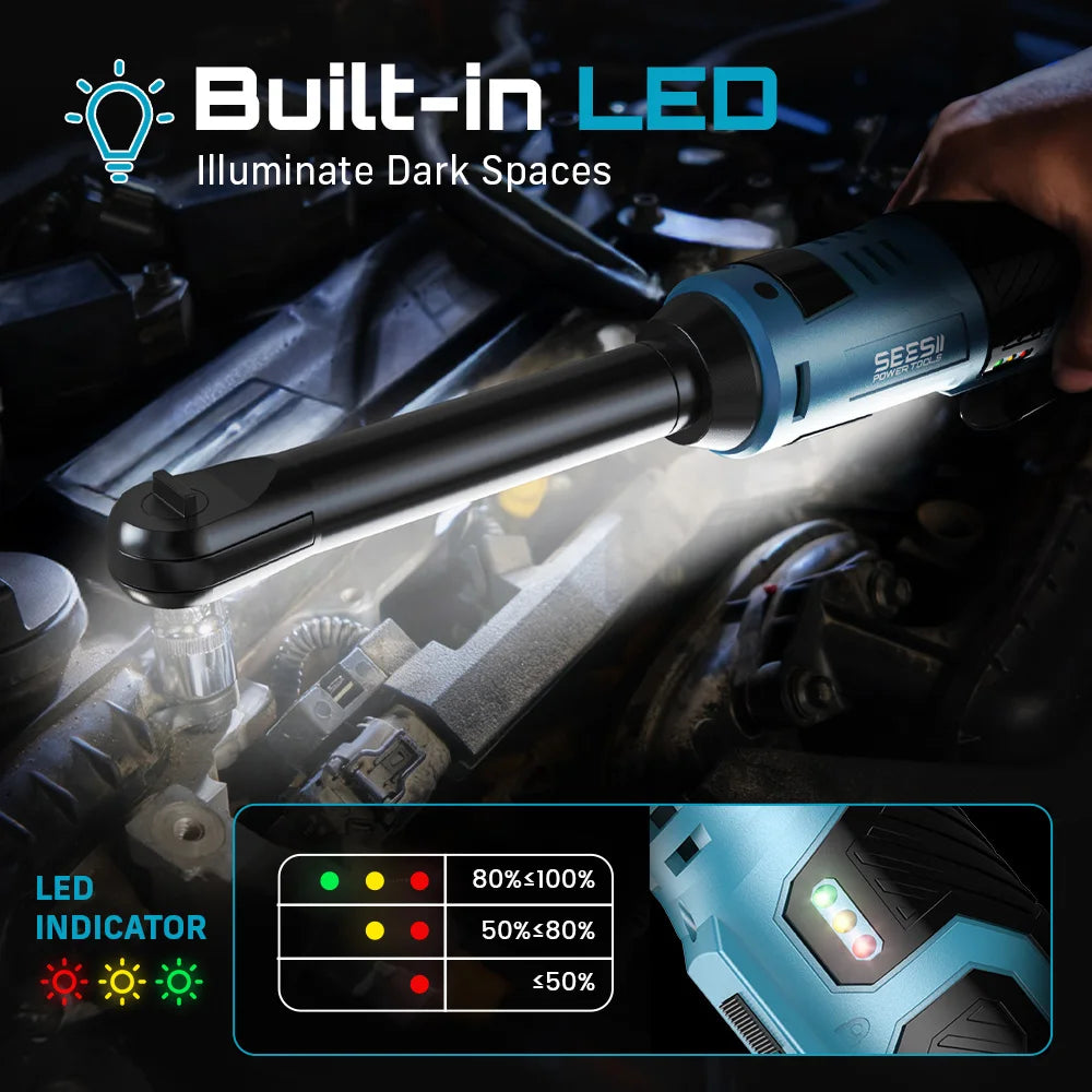 SeeSii 12V 3/8" Cordless Ratchet Wrench – 6" Extended Reach