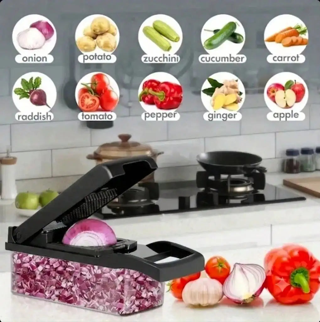 Black manual chopper preparing onion with examples of suitable vegetables
