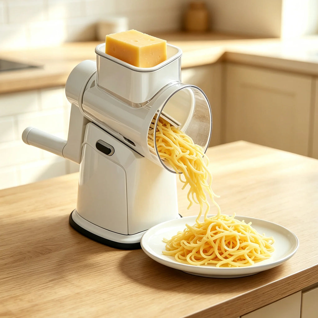 White manual rotary grater shredding cheese onto a plate