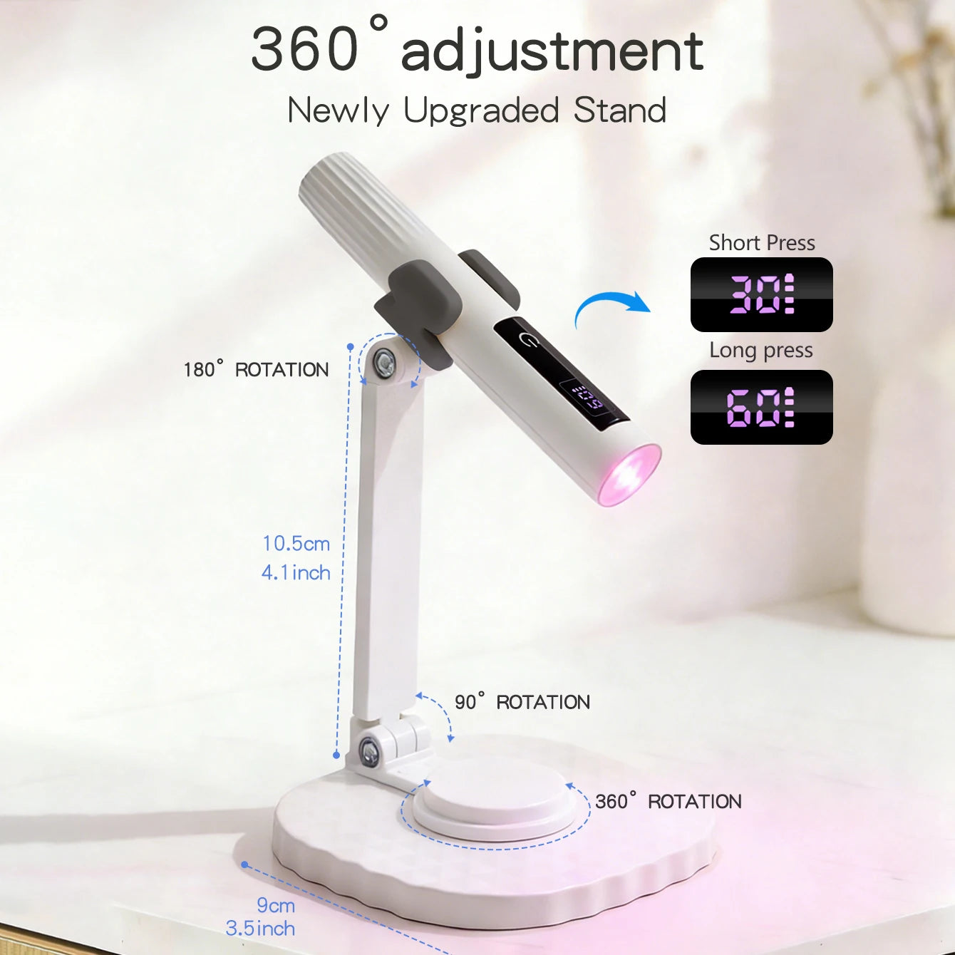 White nail lamp stand diagram showing timer controls and adjustable positions