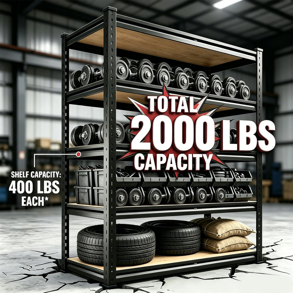 Five-tier storage rack staged with weights, tires, containers, and bags